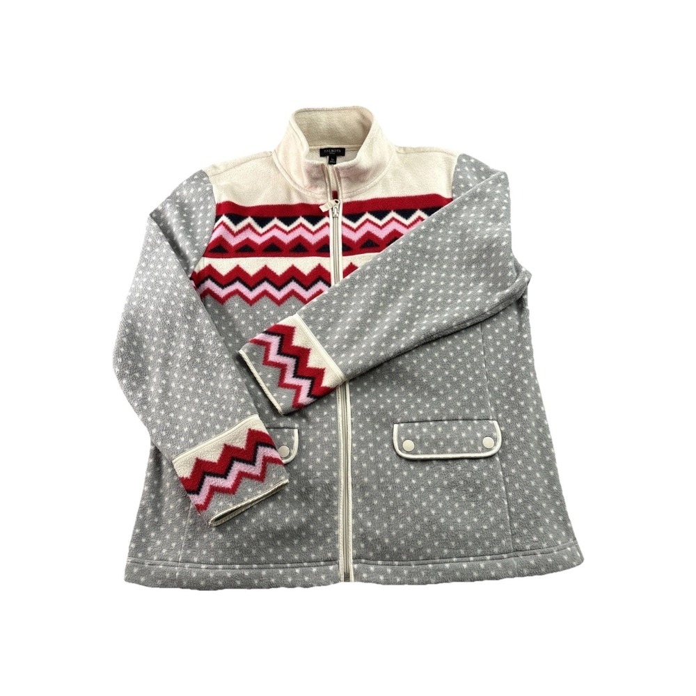 Talbots Womens Large‎ P. Fleece Zip Up Jacket Fair Isle Polka Dot Pockets